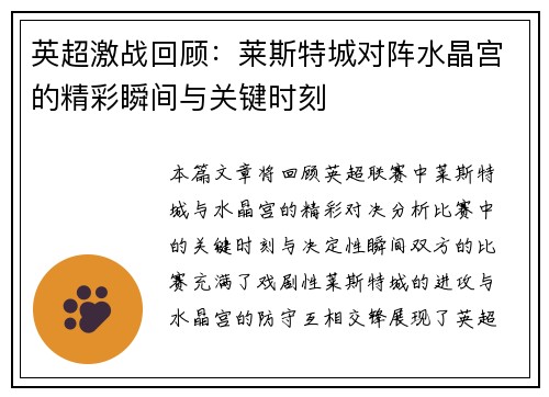 英超激战回顾：莱斯特城对阵水晶宫的精彩瞬间与关键时刻